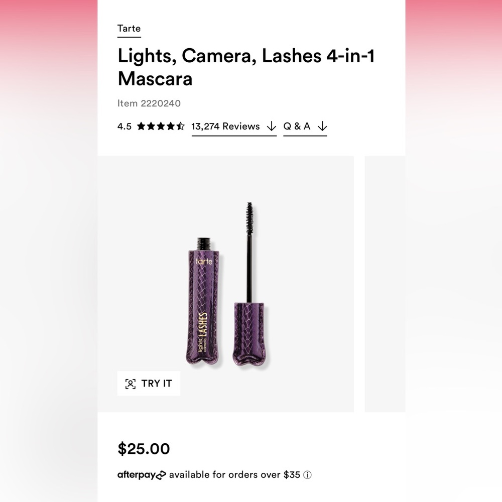 NIB Tarte Lights, Camera, Lashes 4-in-1 Mascara Black